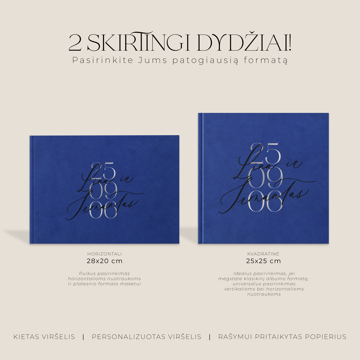 Palinkėjimų knygos „Azure Blue" formatų palyginimas – horizontali ir kvadratinė knyga šalia