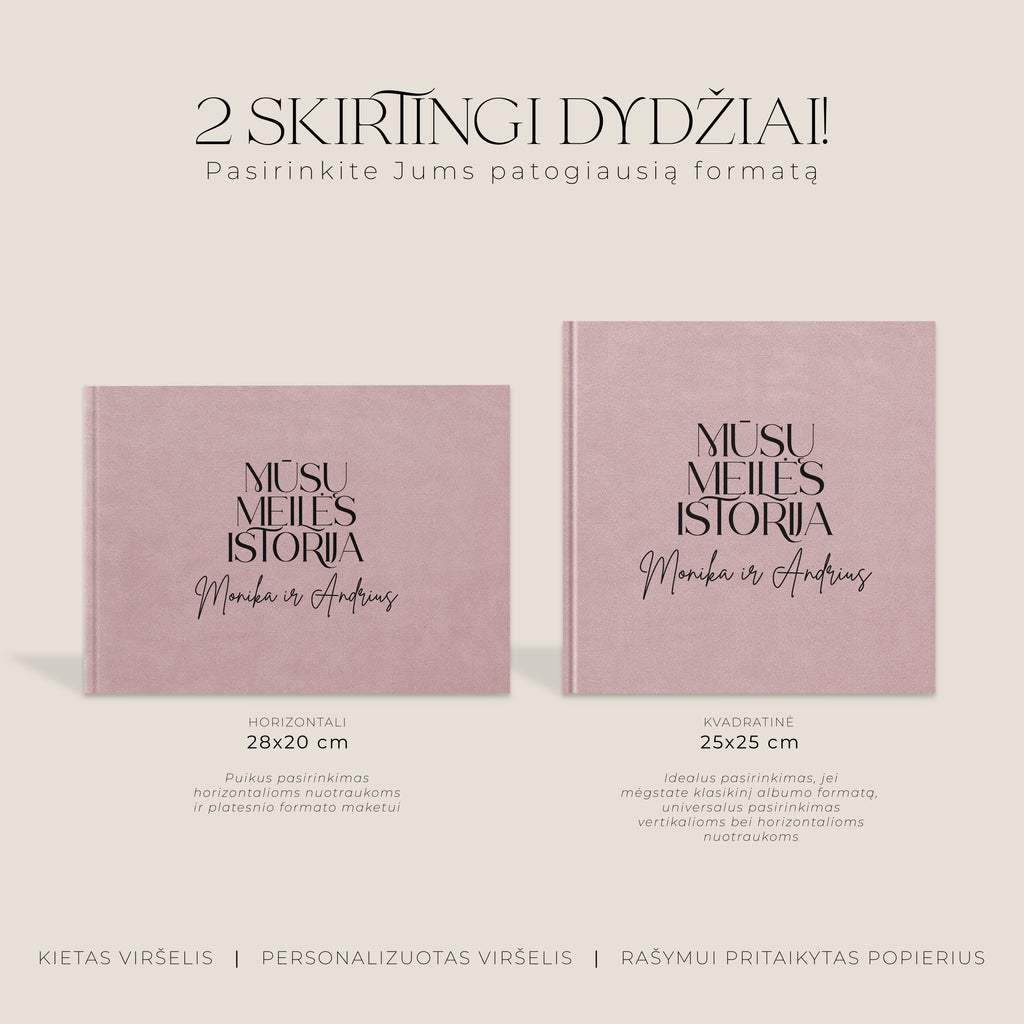 Palinkėjimų knygos „Blush" formatų palyginimas – horizontali ir kvadratinė knyga šalia