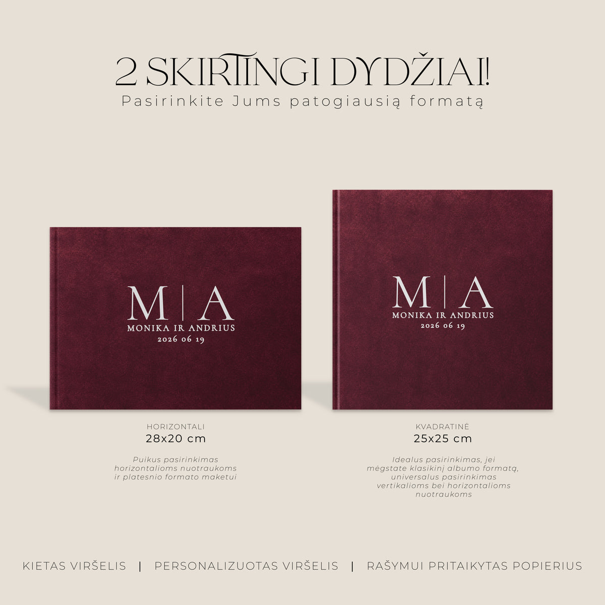Palinkėjimų knygos „Burgundy" formatų palyginimas – horizontali ir kvadratinė knyga šalia