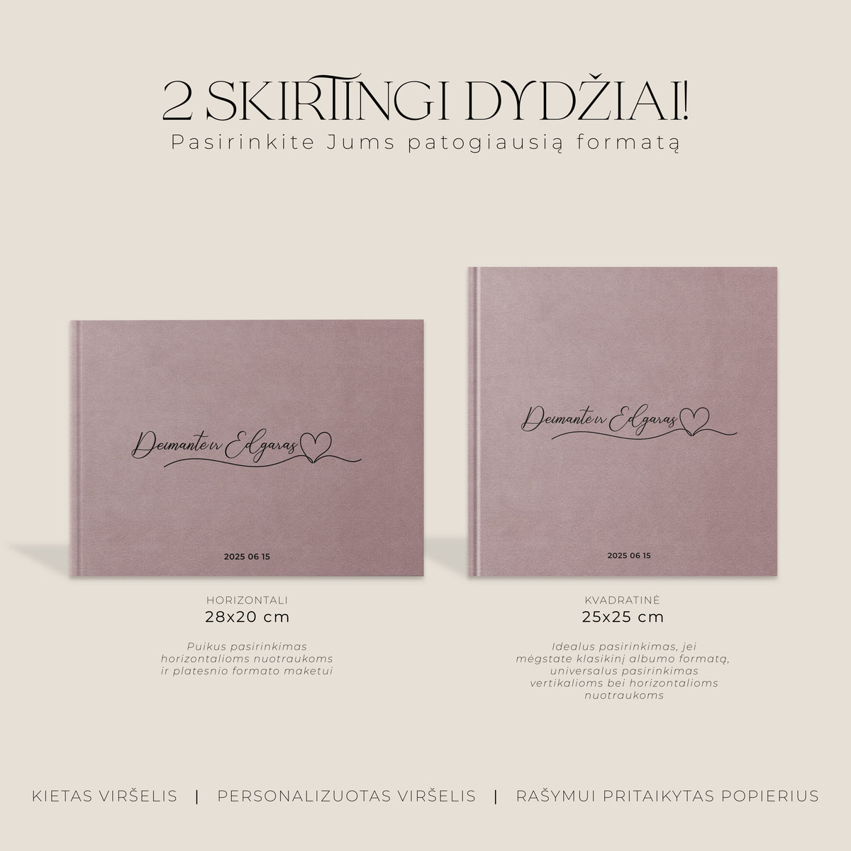 Palinkėjimų knygos „Dusty Rose" formatų palyginimas – horizontali ir kvadratinė knyga šalia