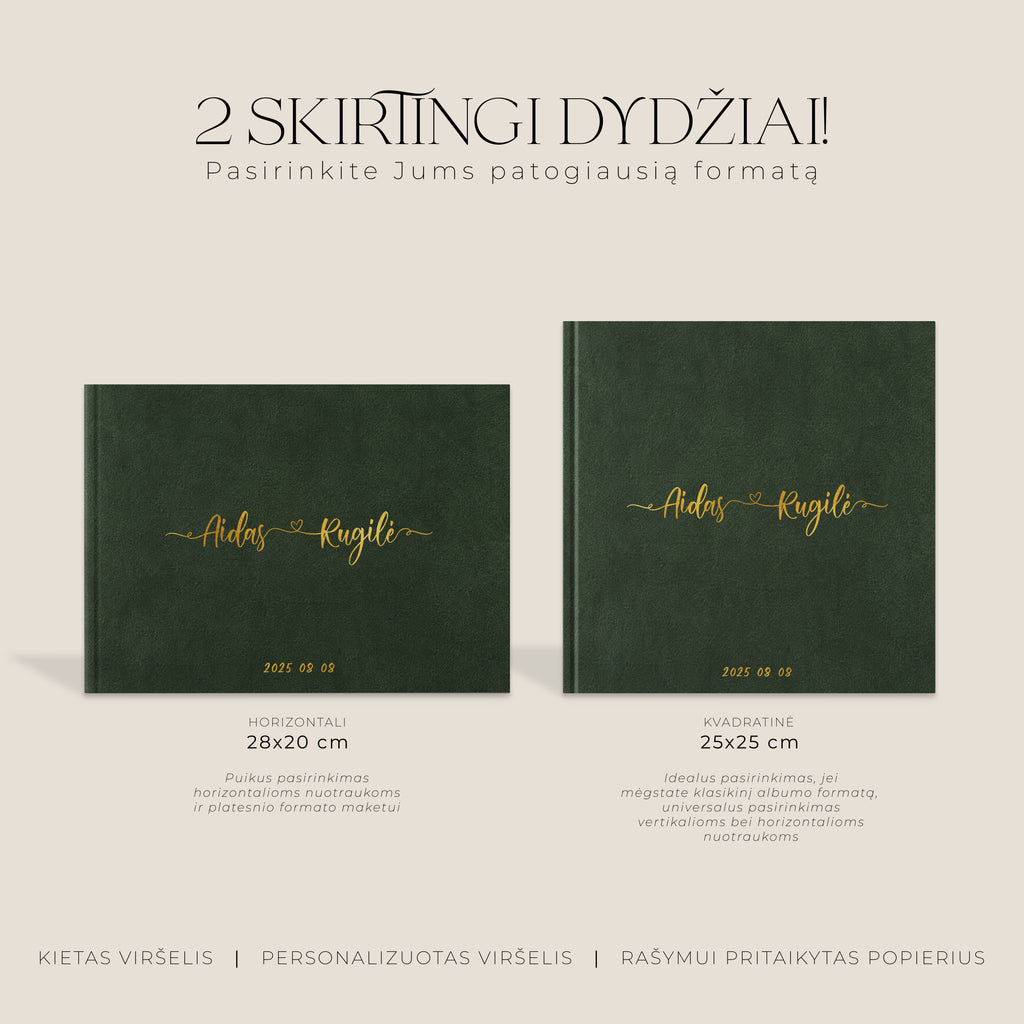 Palinkėjimų knygos „Forest Green" formatų palyginimas – horizontali ir kvadratinė knyga šalia