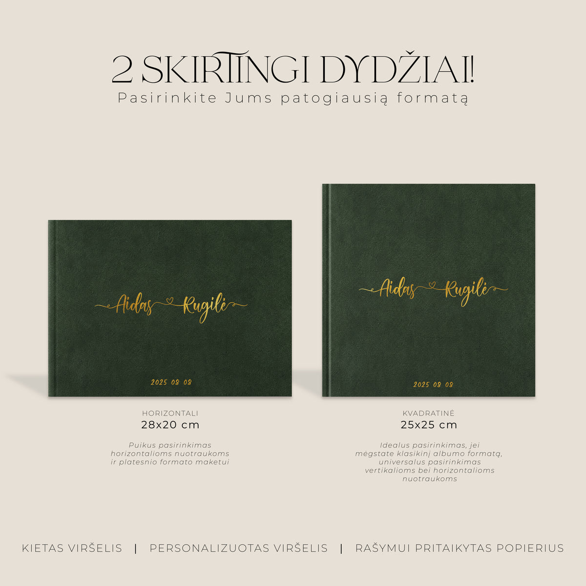 Palinkėjimų knygos „Forest Green" formatų palyginimas – horizontali ir kvadratinė knyga šalia