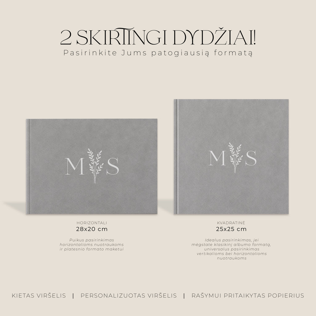 Palinkėjimų knygos „Silver" formatų palyginimas – horizontali ir kvadratinė knyga šalia