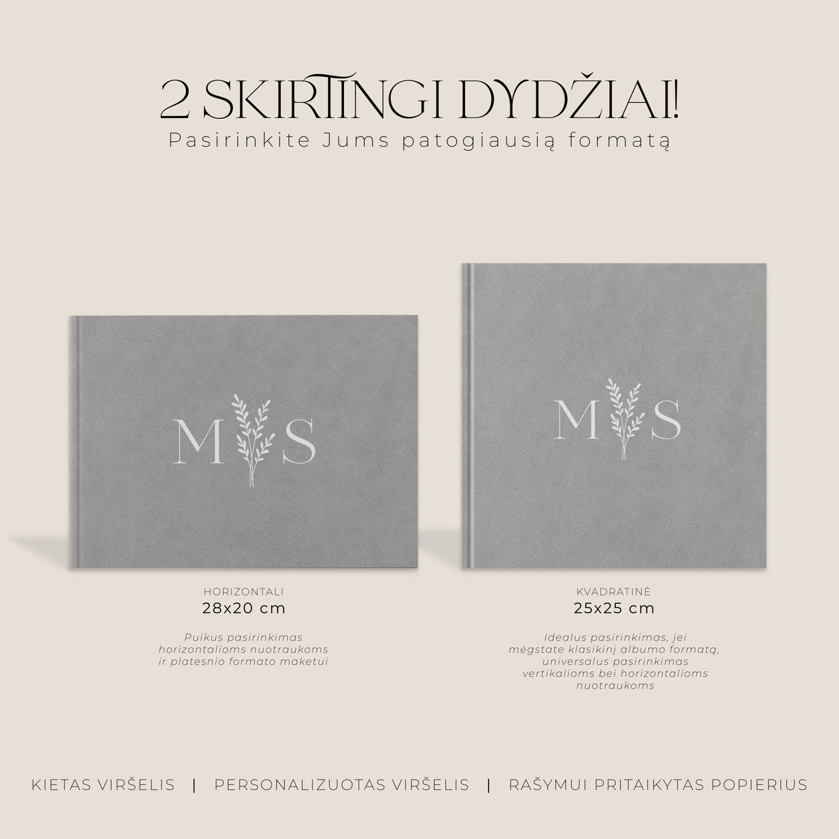 Palinkėjimų knygos „Silver" formatų palyginimas – horizontali ir kvadratinė knyga šalia