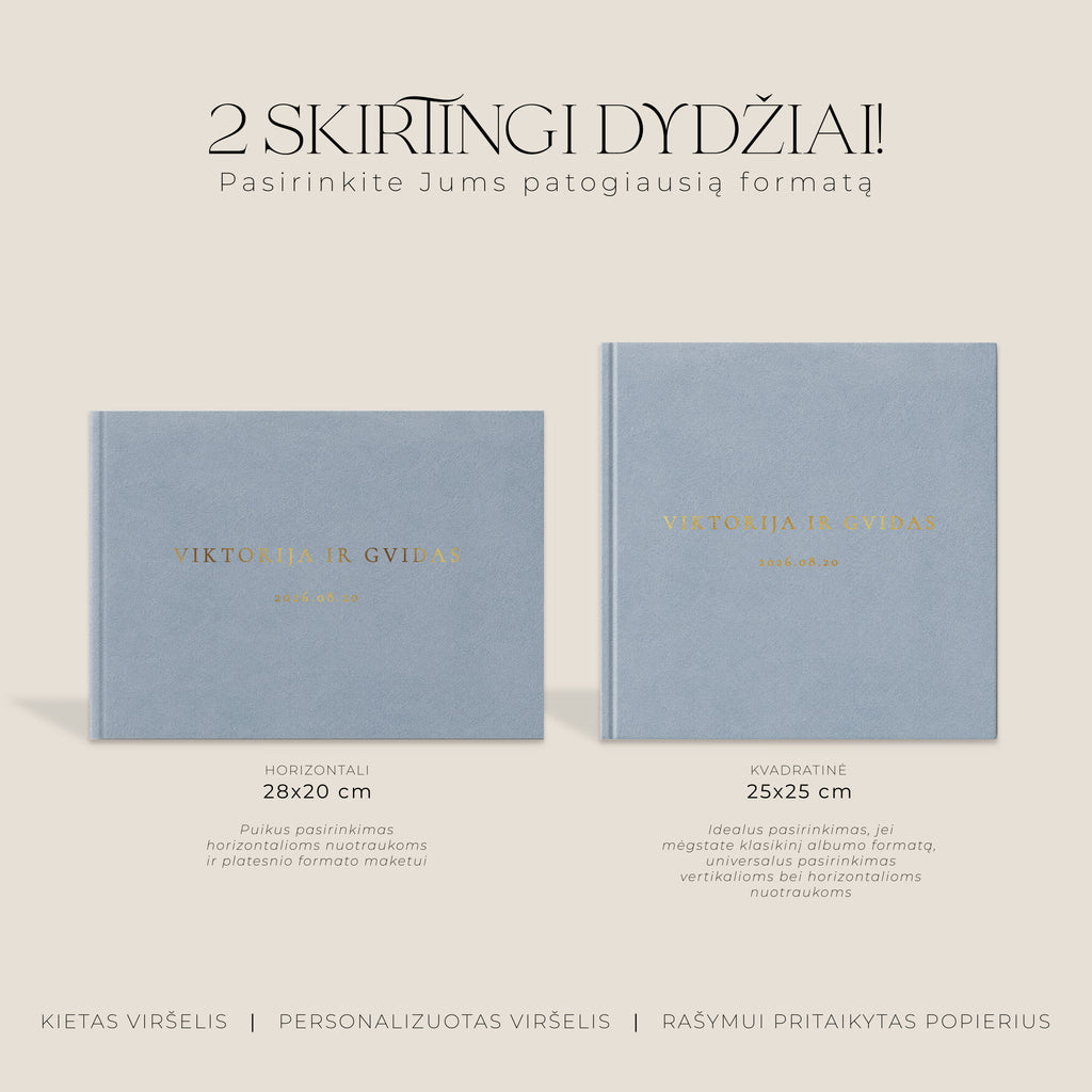 Palinkėjimų knygos „Powder Blue" formatų palyginimas – horizontali ir kvadratinė knyga šalia